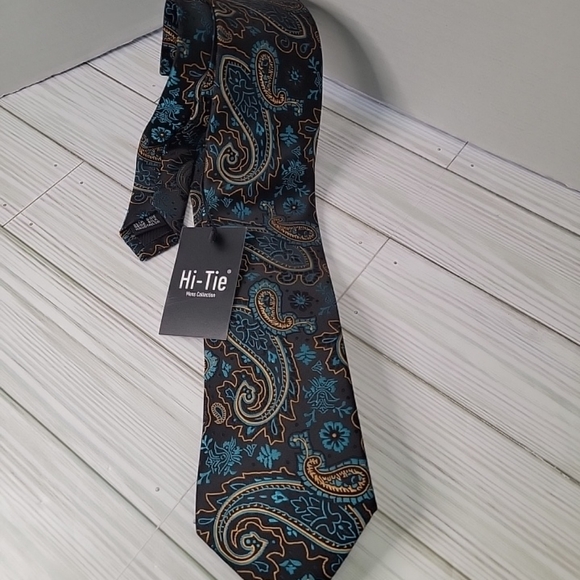 HI-TIE Mens Neck Tie NWT Black Blue Gold Paisleys 100 % Silk Handmade - Picture 12 of 14
